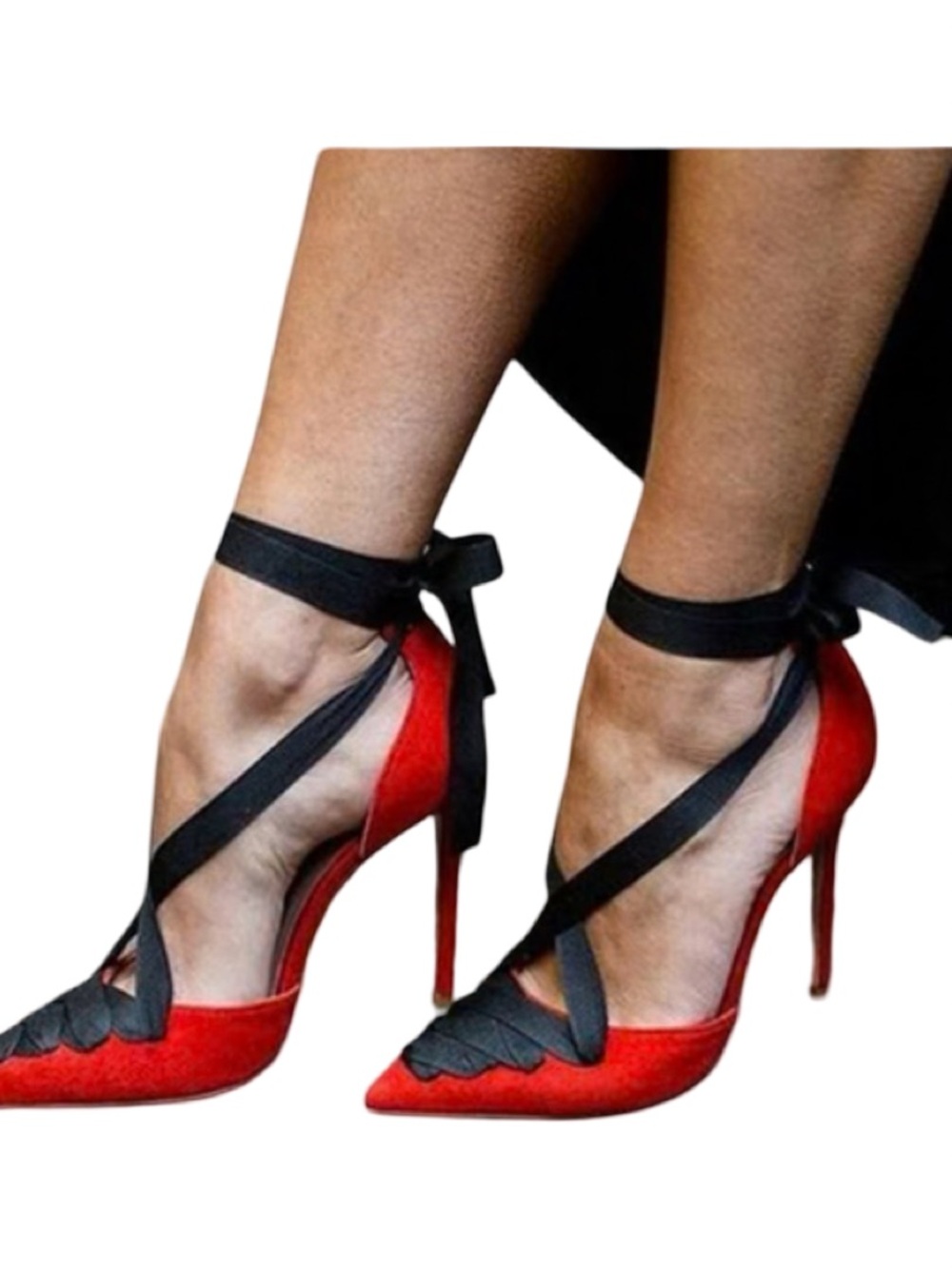F5J Red Pointed-Toe Stiletto lace-up Heels with Black Ankle Ties size 9.5 - Picture 8 of 17
